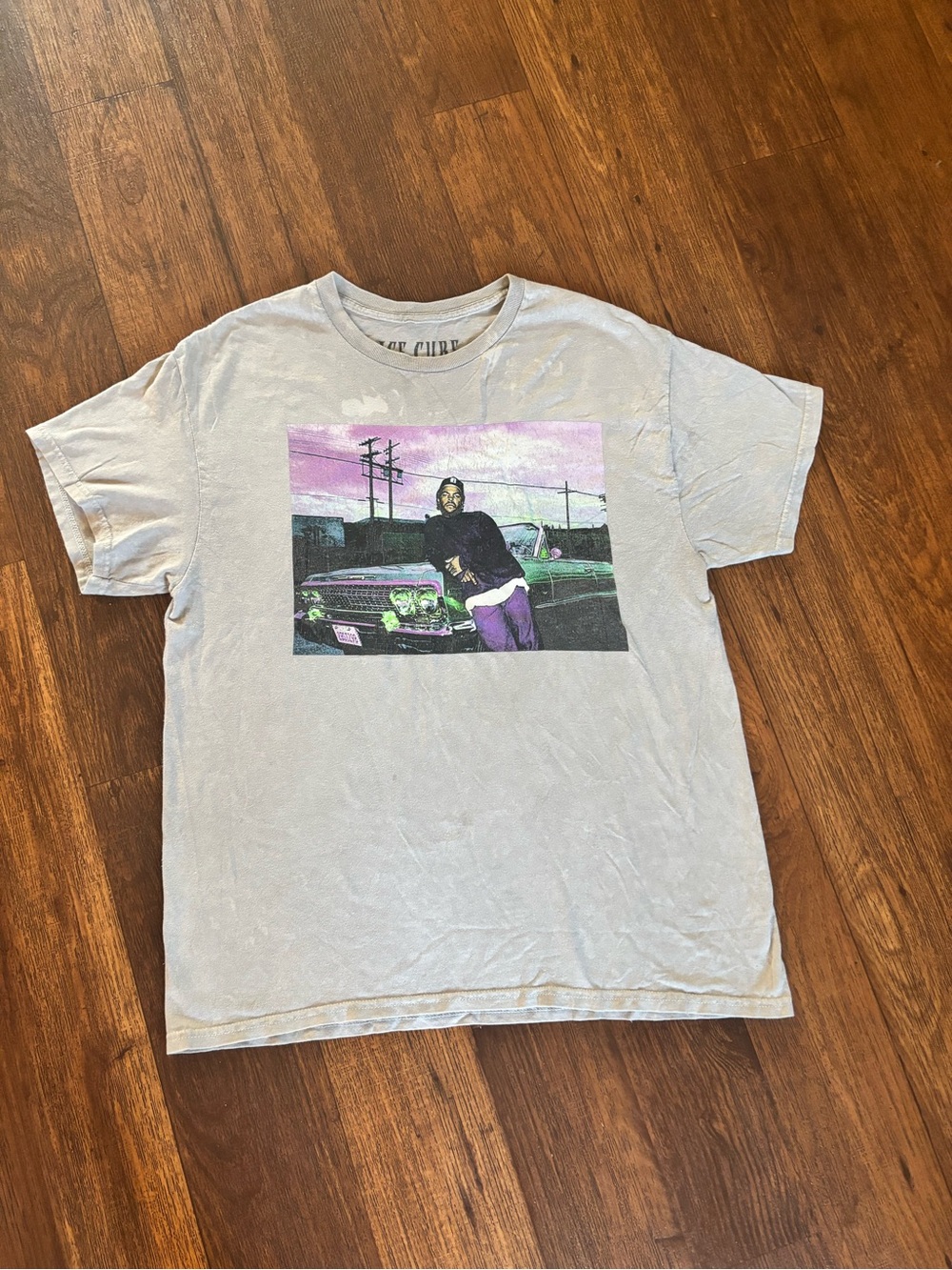 Mens Light Gray Graphic Crewneck T-Shirt with Purple Accent Print